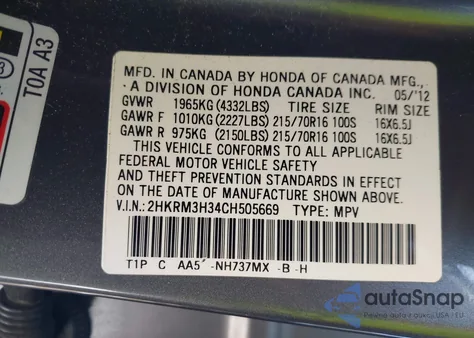 2012 Honda Cr-V Lx from USA, damaged, VIN 2HKRM3H34CH505669